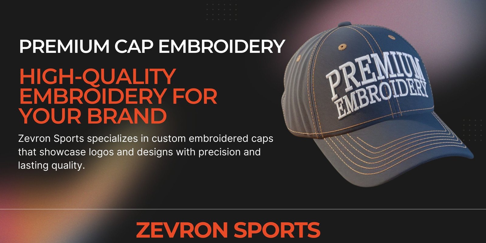 Premium embroidered caps with custom logo by Zevron Sports