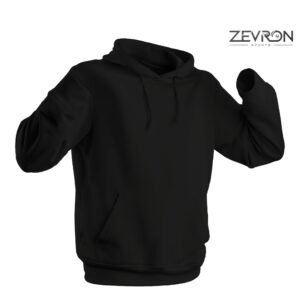 A man wearing a premium plain black 100% cotton fleece hoodie by Zevron Sports.