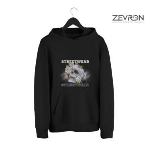 Premium 100% cotton fleece black streetwear hoodie with custom skull graphic design by Zevron Sports.