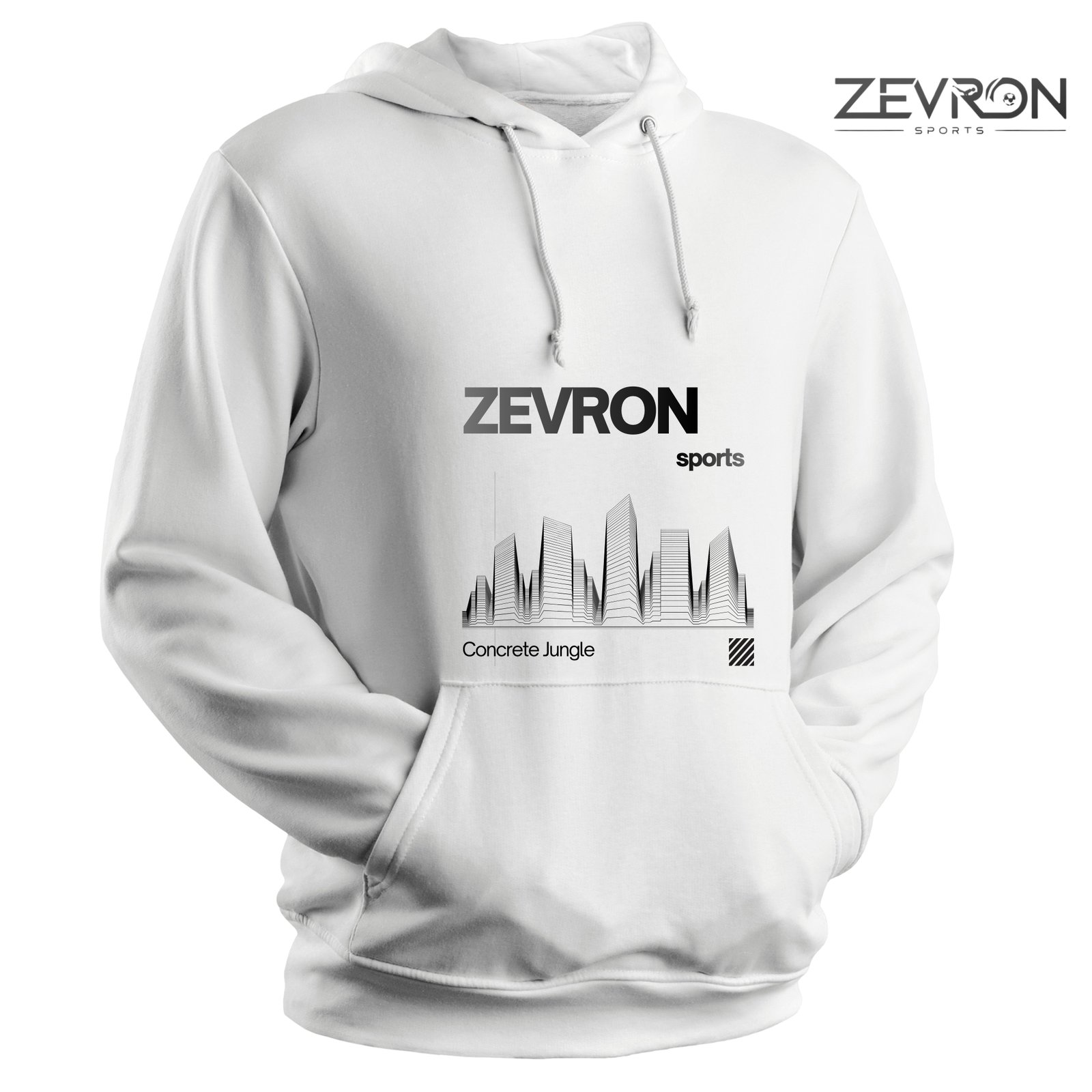 Zevron Sports white fleece hoodie with custom branding ready for bulk export.
