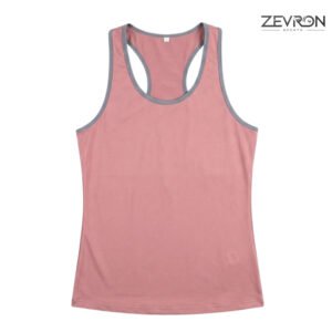 Front view of Zevron Sports women's pink athletic tank top with grey contrast binding and scoop neck.