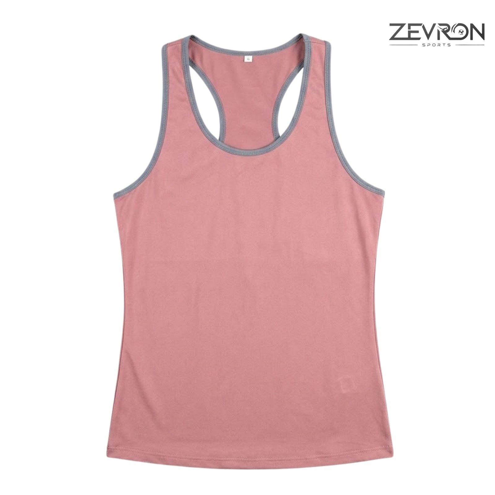 Front view of Zevron Sports women's pink athletic tank top with grey contrast binding and scoop neck.