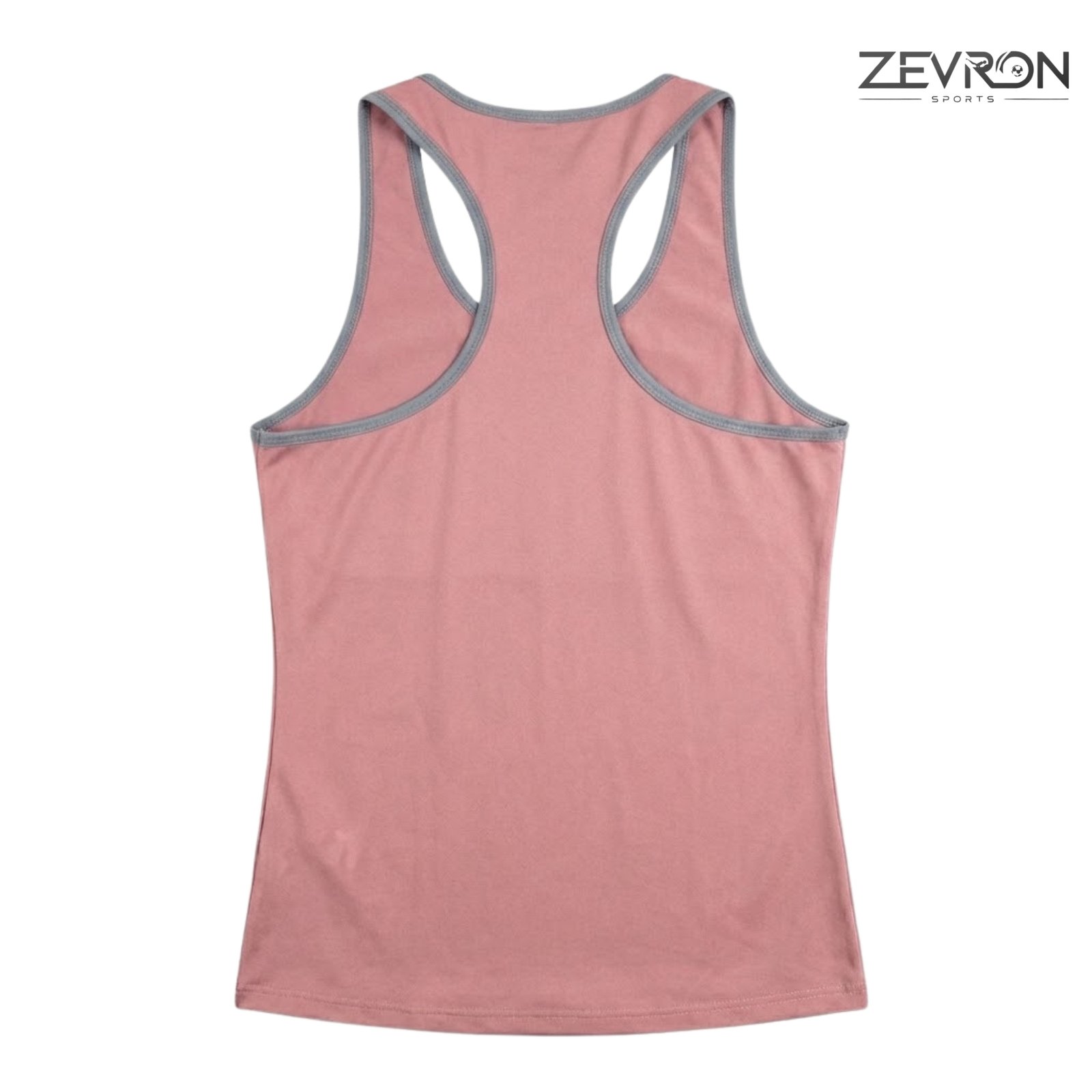 Back view of pink ladies gym vest showing racerback cut and grey trim details.