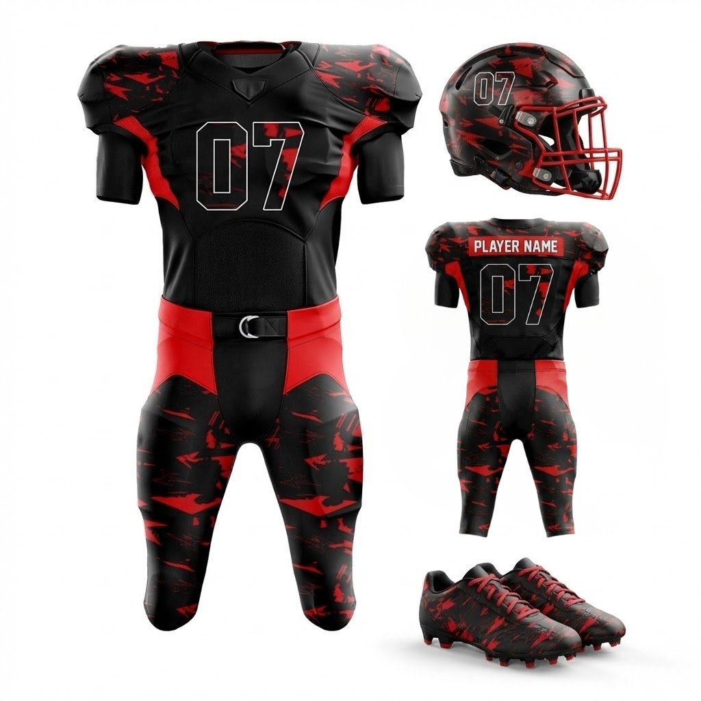 American football team uniform set with helmet and cleats