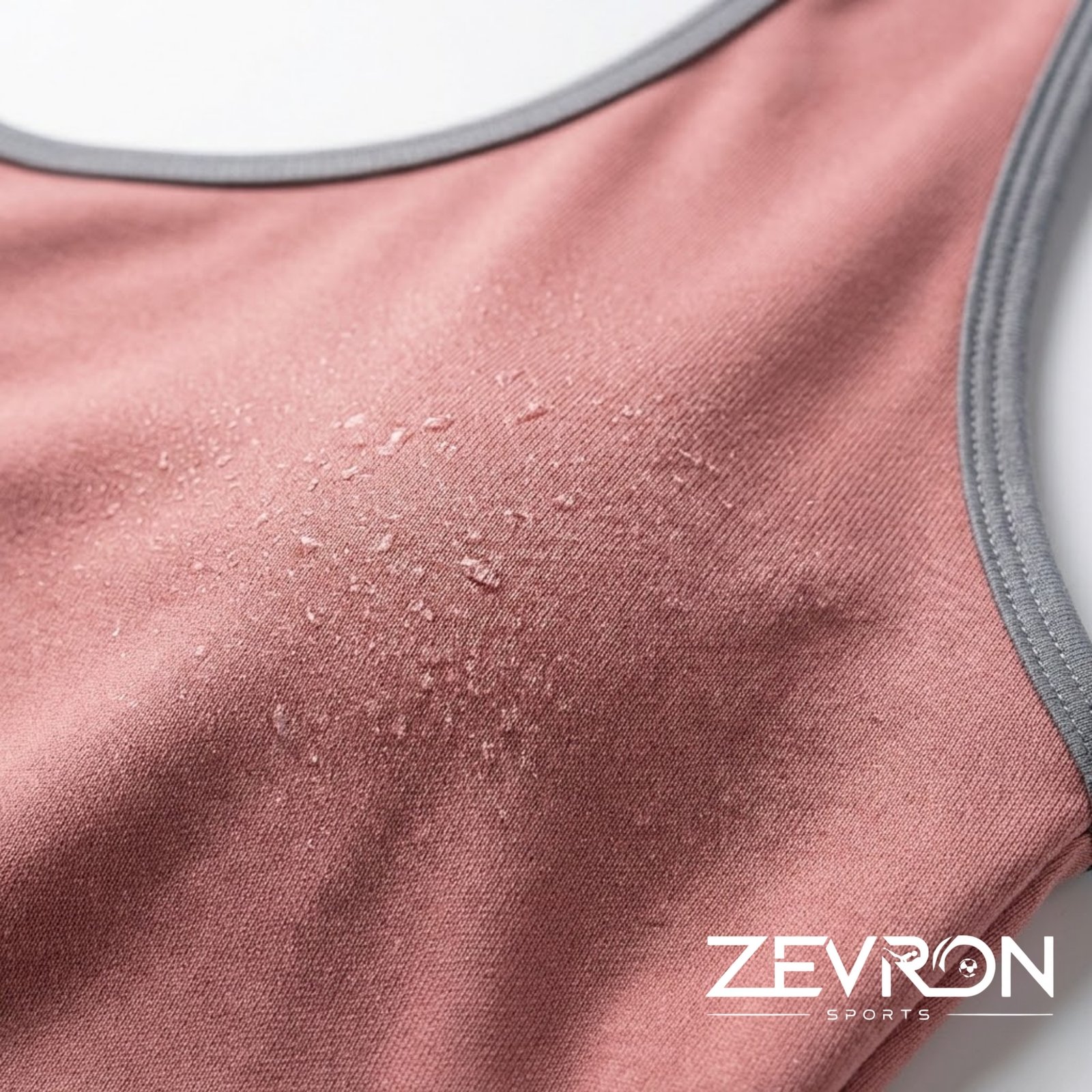 Close-up of pink sports fabric showing water droplets and moisture-wicking texture.