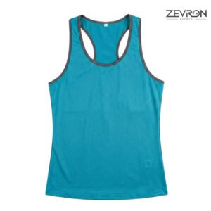 Zevron Sports women's cyan blue mesh gym vest front view with grey piping trim.