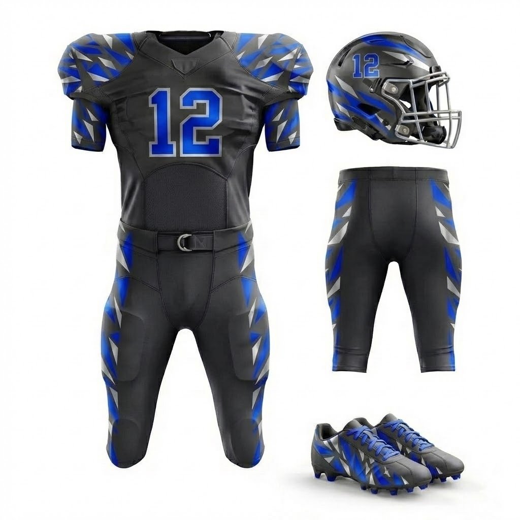 Custom American football uniform manufacturer Zevron Sports black and blue design