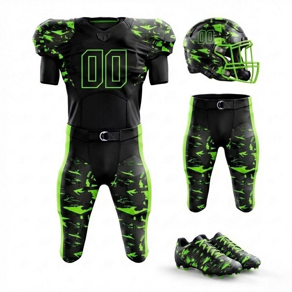 Custom American football uniform manufacturer Zevron Sports green camo design