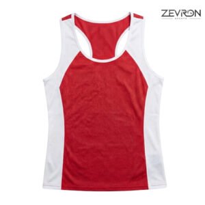 Front view of Zevron Sports red and white mesh running singlet featuring breathable fabric and athletic cut.