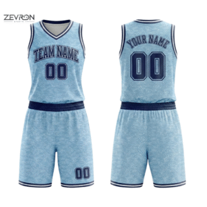 Custom Sublimated Basketball Jersey Front View - Light Blue V-Neck Design by Zevron Sports