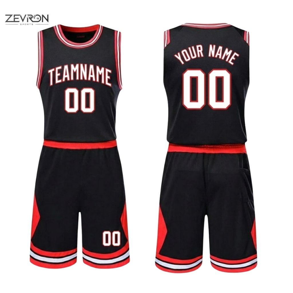 Flat lay view of custom black and red basketball jersey and shorts set by Zevron Sports.