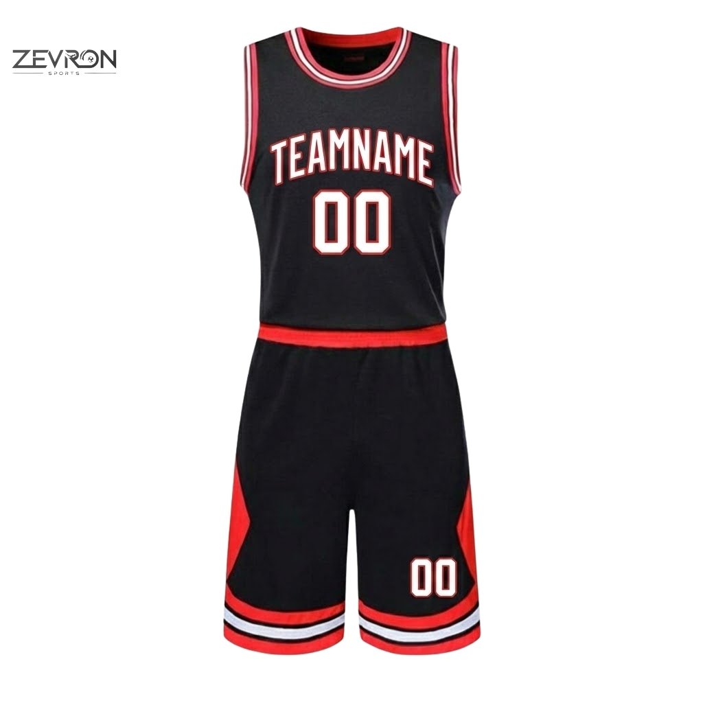 Front view of black basketball uniform with red trim and custom team name printing.