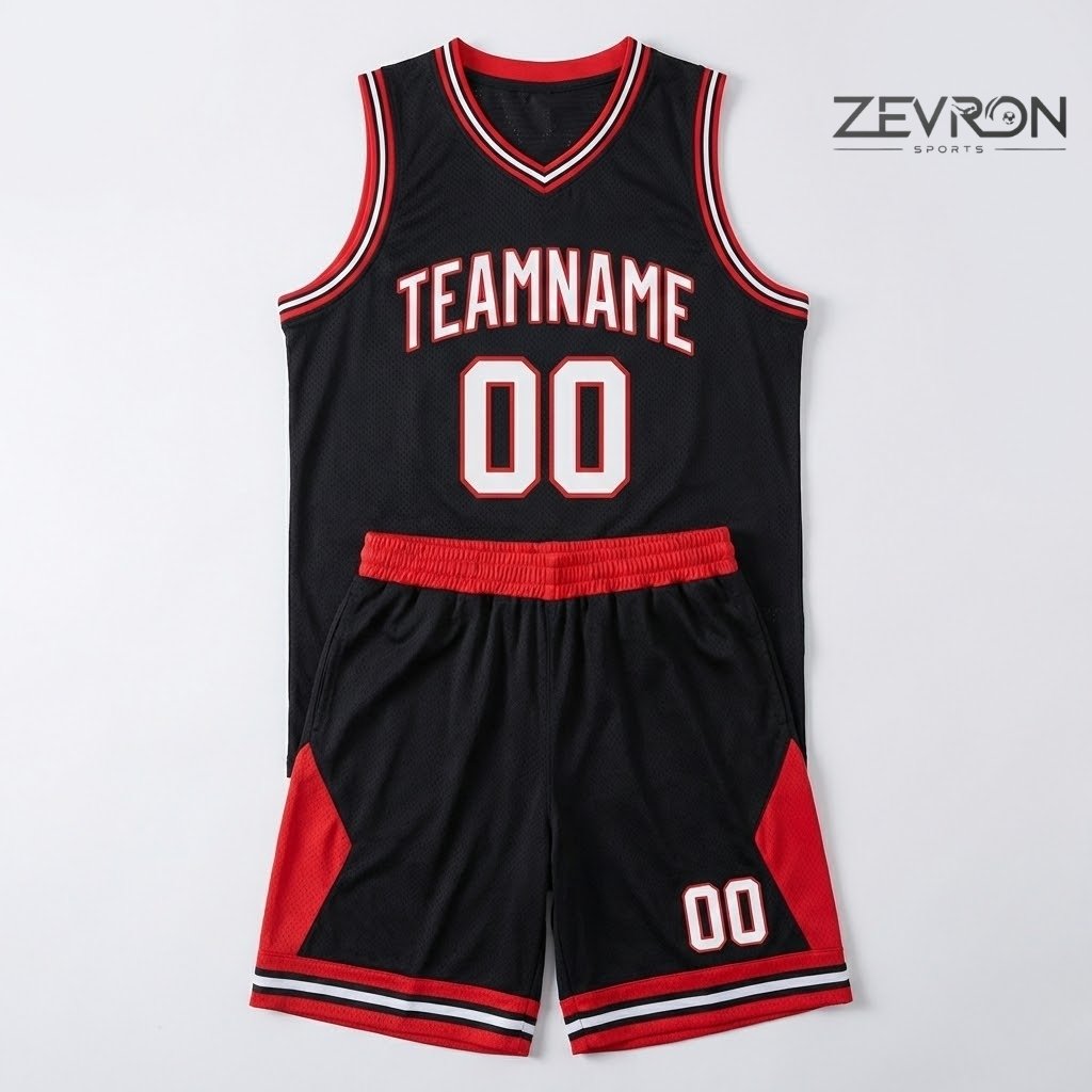 Top down view of wholesale custom basketball team uniforms manufactured by Zevron Sports.