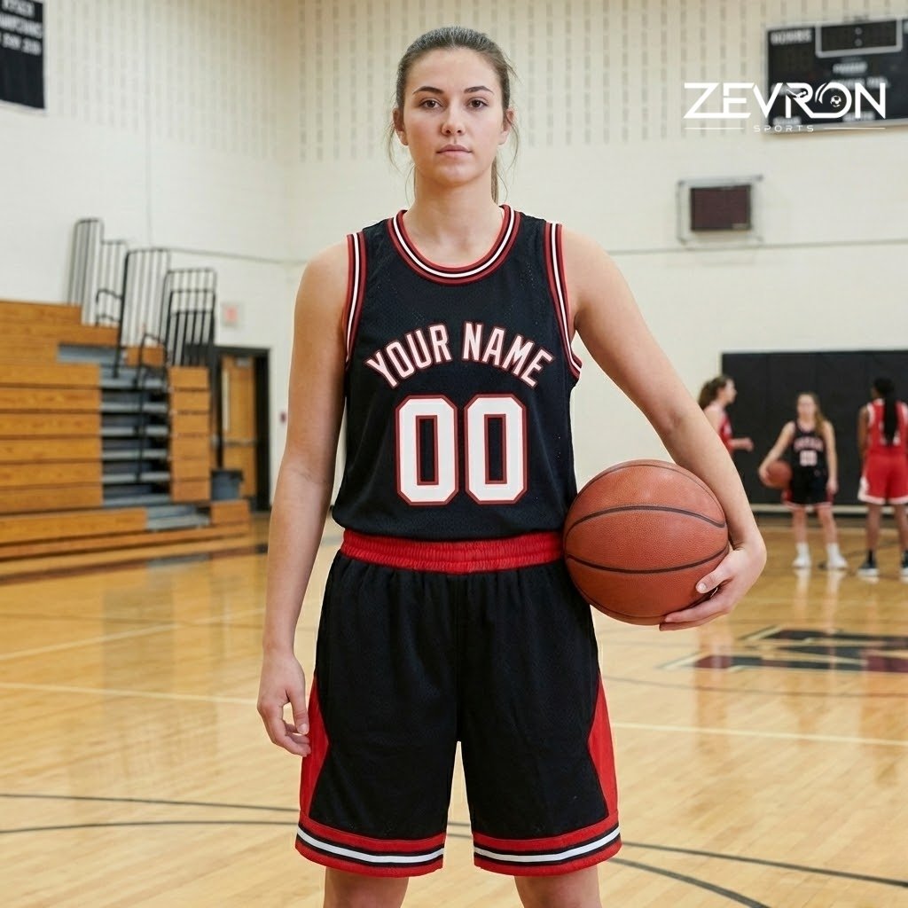 Front and back design view of custom black and red basketball jersey kit.
