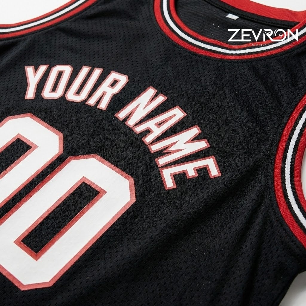 Basketball player holding ball on court wearing custom black and red Zevron Sports uniform.