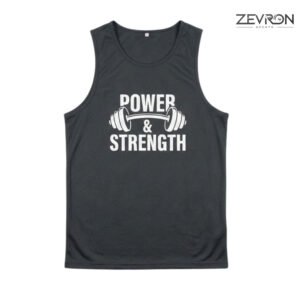 Zevron Sports grey bodybuilding stringer vest front view with Power and Strength barbell logo.