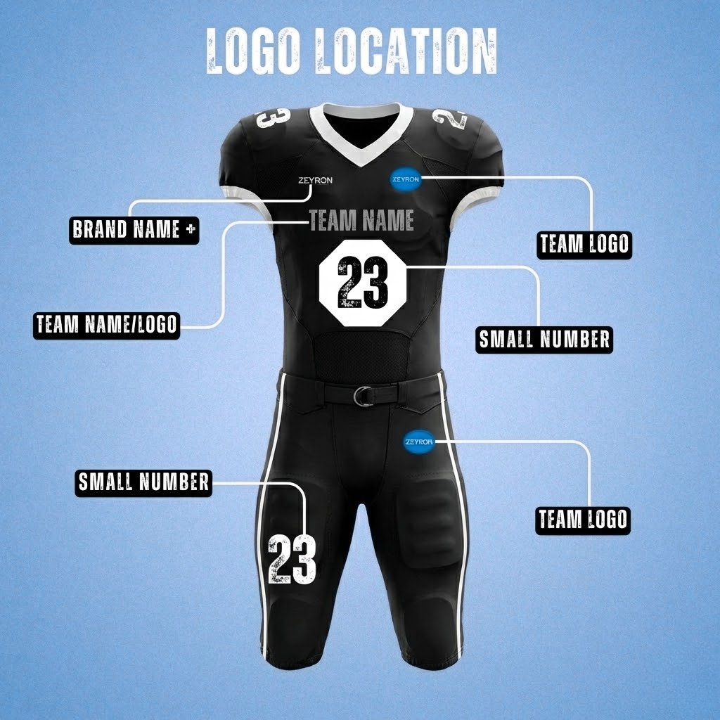 Rugby and American football uniform logo placement guide by Zevron Sports for custom team jerseys