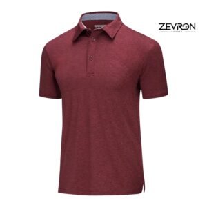 Zevron Sports men's short-sleeve performance polo shirt in maroon heather fabric.