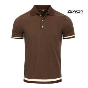 Zevron Sports men's espresso brown athletic fit polo shirt with cream striped cuffs and hem.