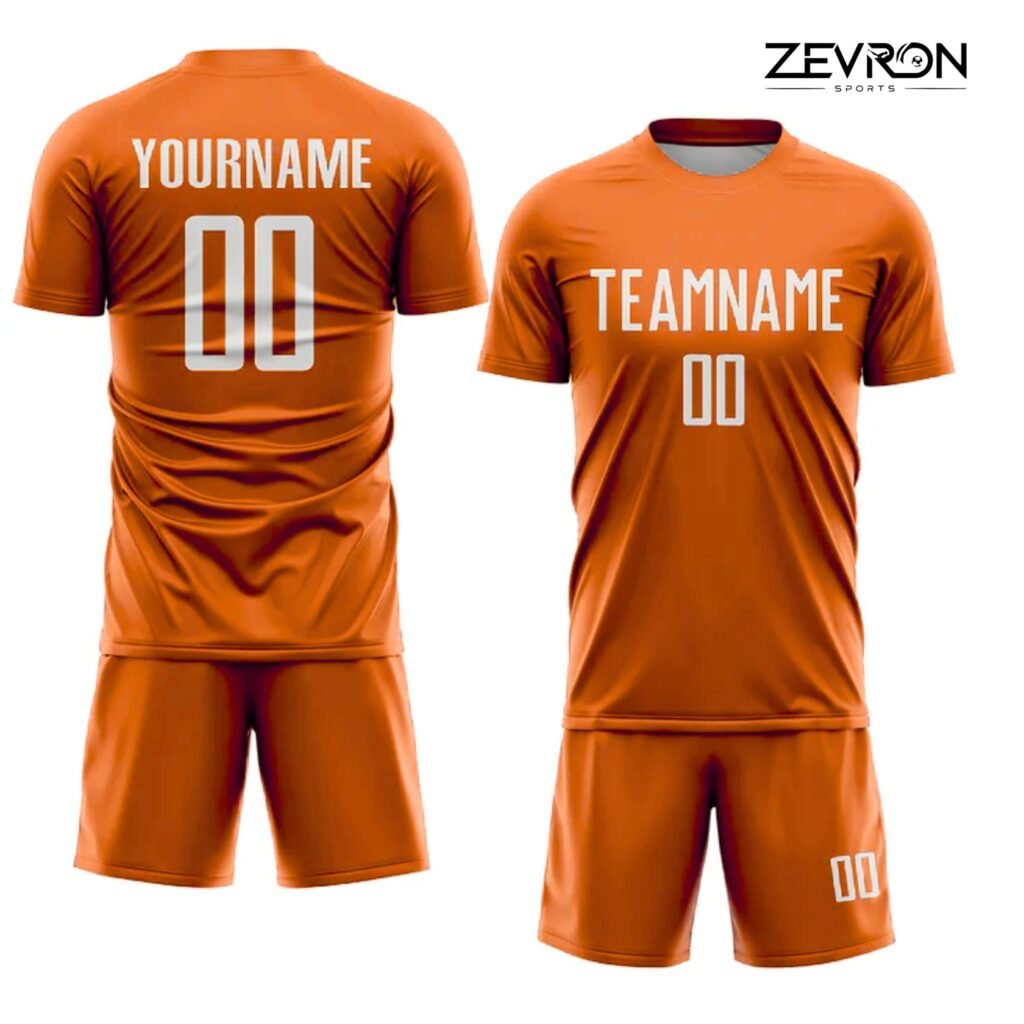 Front and back view of a private label orange football uniform set featuring a clean, solid color design with personalized white player names and "TEAMNAME" lettering.