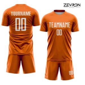 Front and back view of a private label orange football uniform set featuring a clean, solid color design with personalized white player names and "TEAMNAME" lettering.