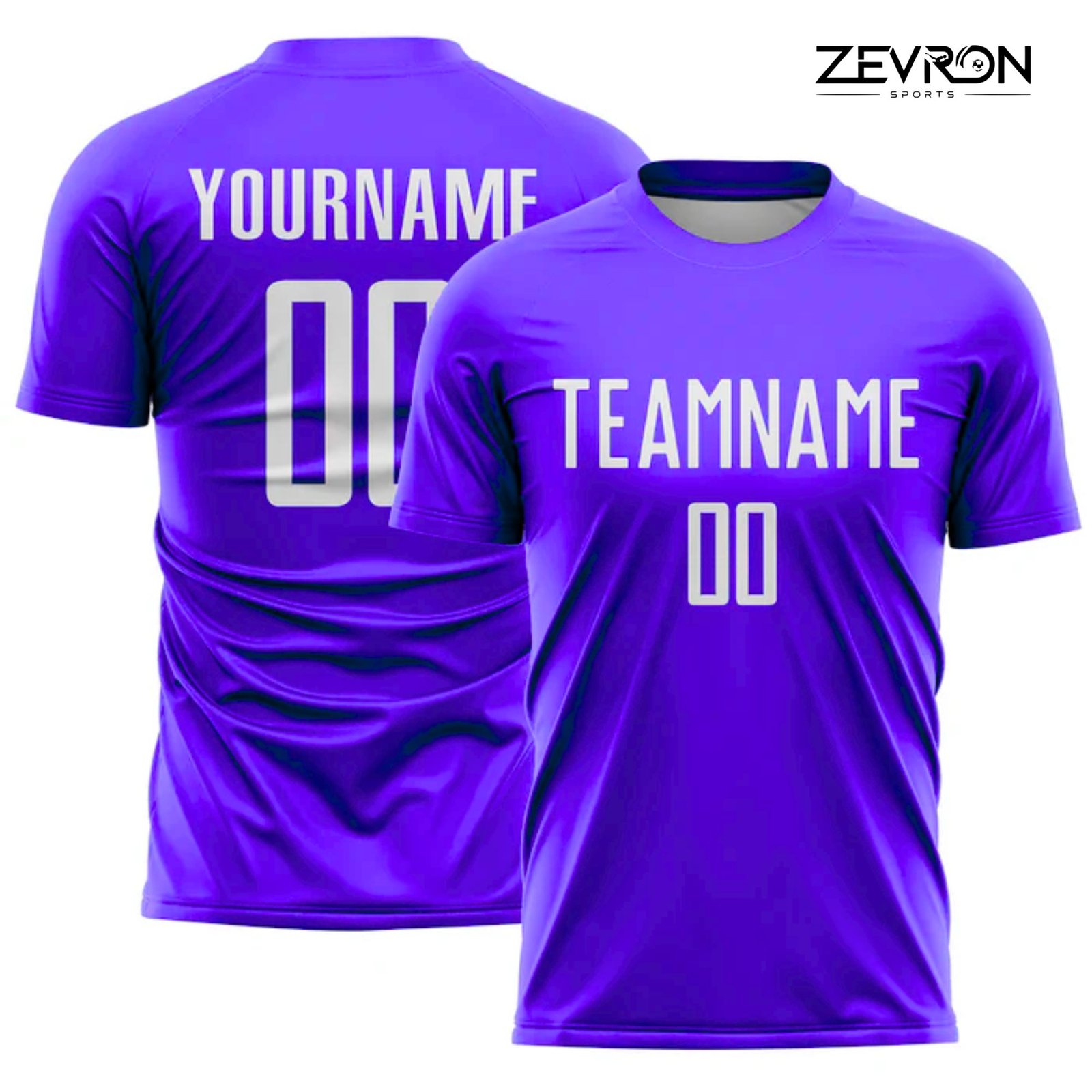 Alt Text: Front and back view of a vibrant purple private label football uniform featuring bold white "TEAMNAME" and "YOURNAME" personalization with matching athletic shorts.