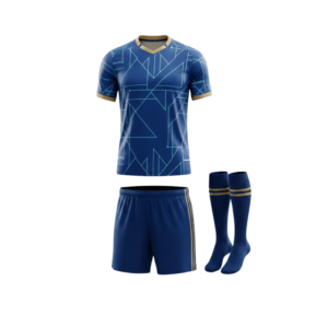 Personalized blue and gold football uniform featuring a geometric pattern jersey, matching shorts, and socks.
