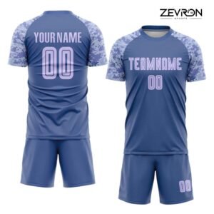 Front and back view of custom youth football uniforms featuring a blue jersey with digital camo sleeves, personalized names, and matching shorts.