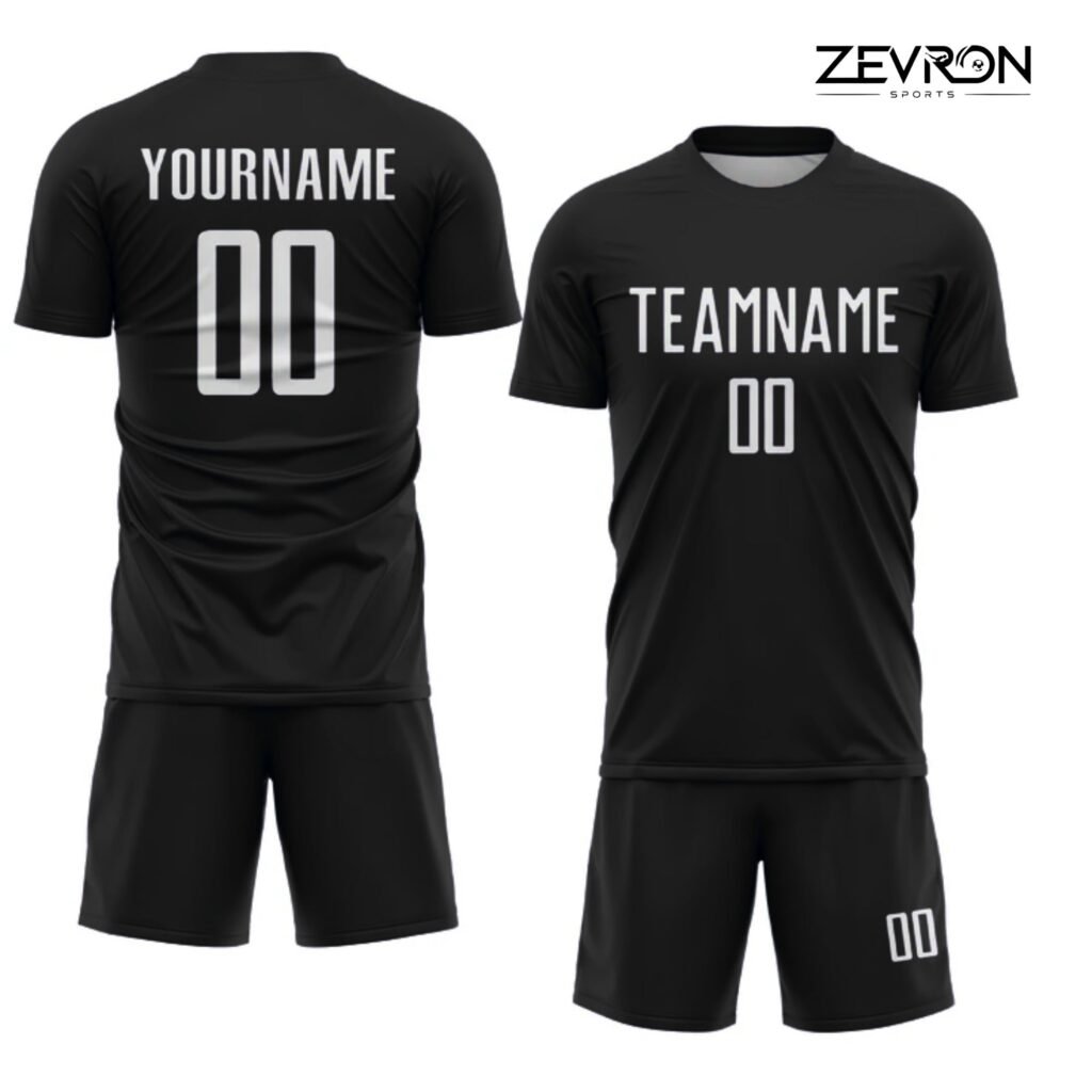 Full black custom football uniform with white personalized player names and numbers on both the jersey and shorts.