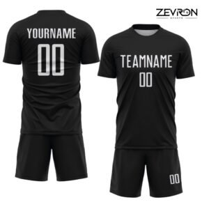 Full black custom football uniform with white personalized player names and numbers on both the jersey and shorts.