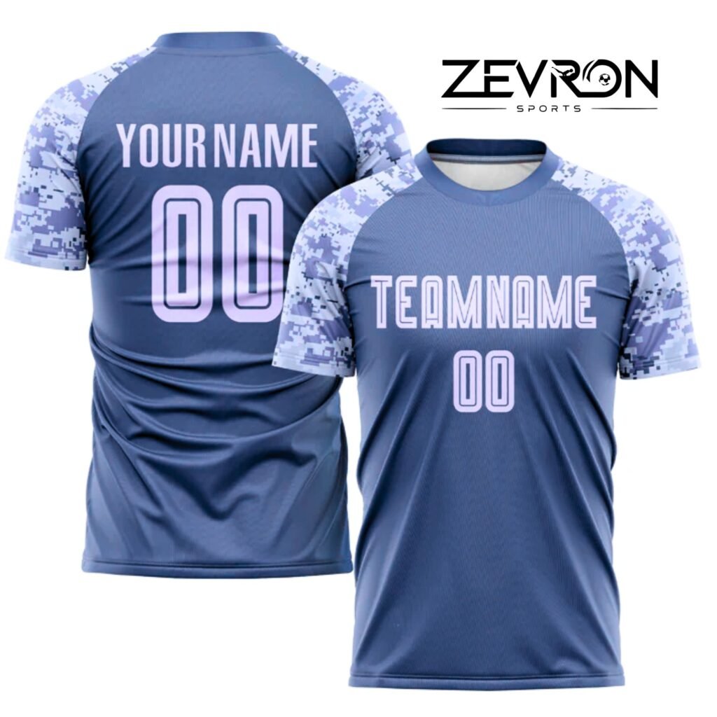 Front and back view of custom youth football uniforms featuring a blue jersey with digital camo sleeves, personalized player names, numbers, and matching athletic shorts.