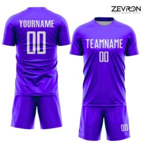 Front and back view of a vibrant purple private label football uniform featuring bold white "TEAMNAME" and "YOURNAME" personalization with matching athletic shorts.