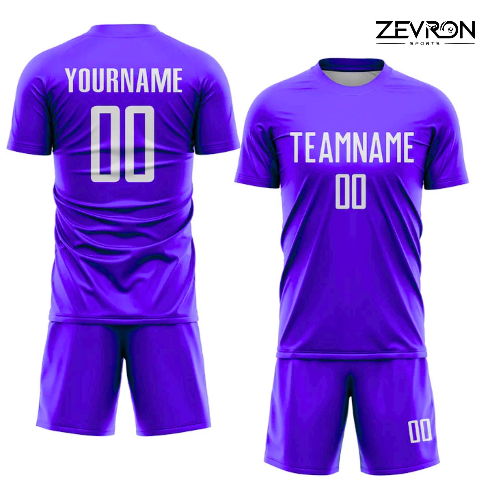 Front and back view of a vibrant purple private label football uniform featuring bold white "TEAMNAME" and "YOURNAME" personalization with matching athletic shorts.