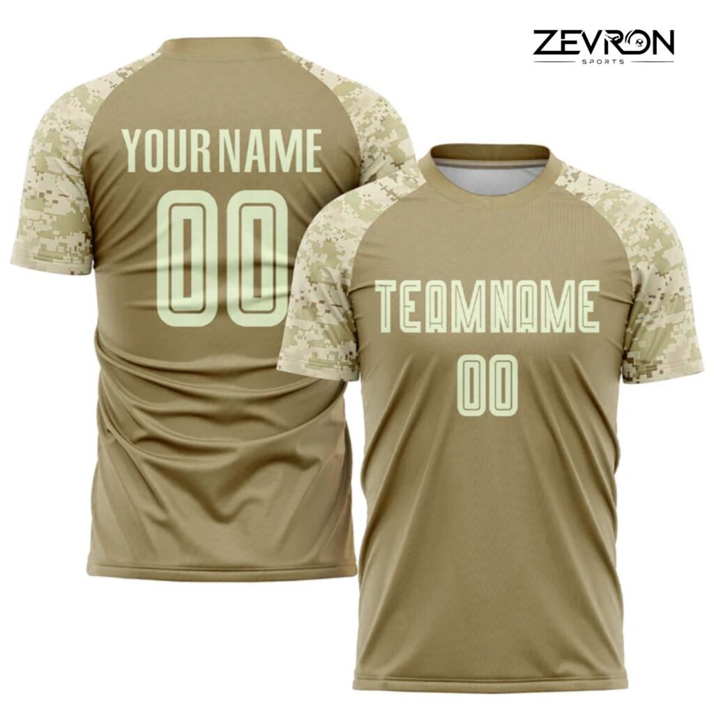 Front and back view of a blue custom youth football uniform set with digital camo patterned sleeves, "Team Name" and "Your Name" personalization, and high-visibility numbers.