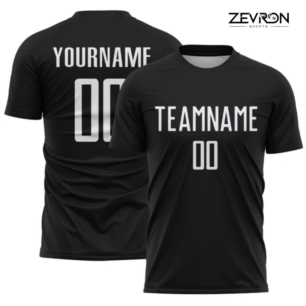 Full black custom football uniform featuring white personalized "TEAMNAME" and "YOURNAME" lettering on the jersey and matching shorts.