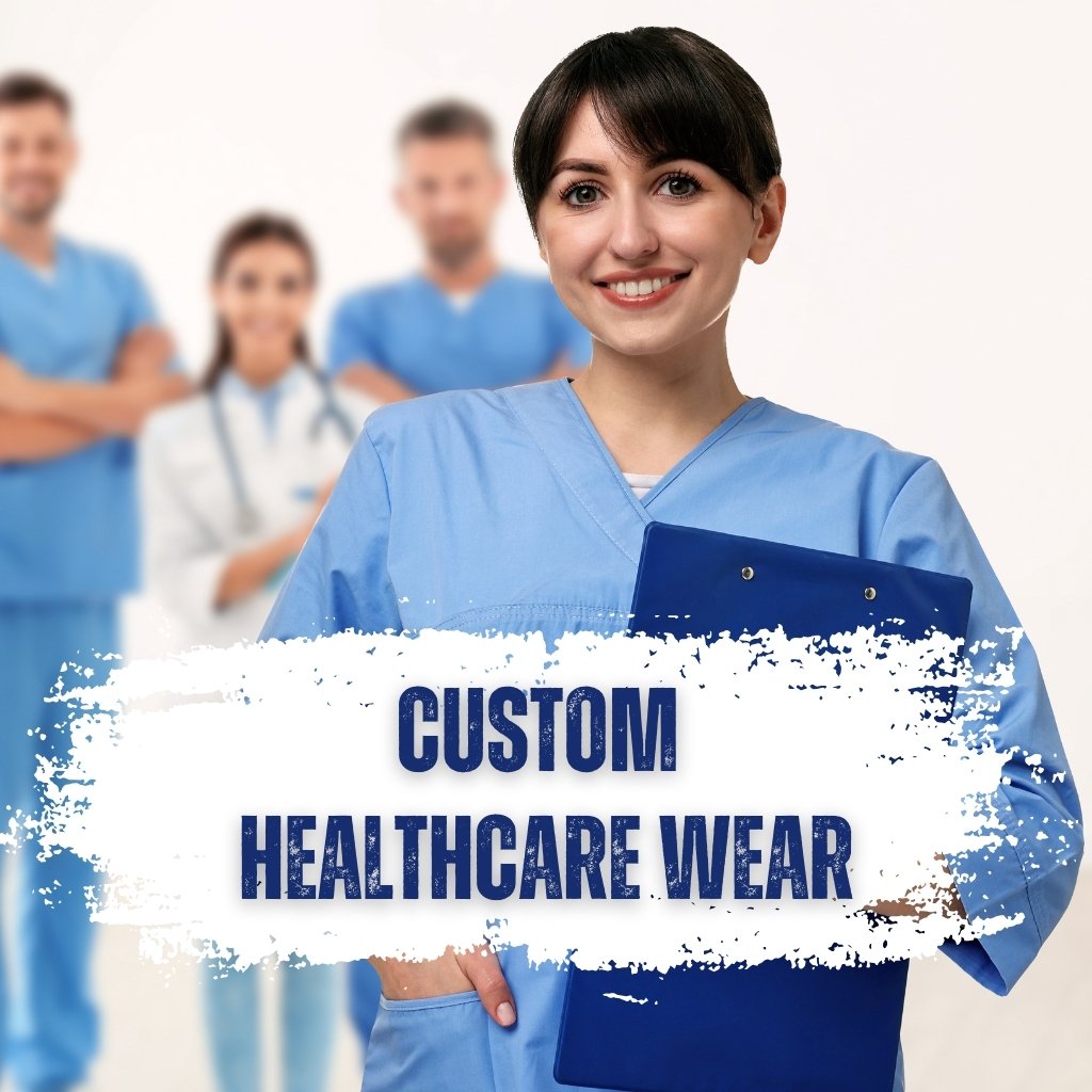 Female medical professional in blue custom scrubs holding a clipboard, featuring the Zevron Sports 'Custom Healthcare Wear' branding and a blurred medical team background.