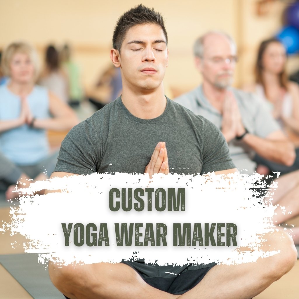 A diverse group of people practicing seated meditation in a bright studio, featuring a "Custom Yoga Wear Maker" graphic by Zevron Sports.