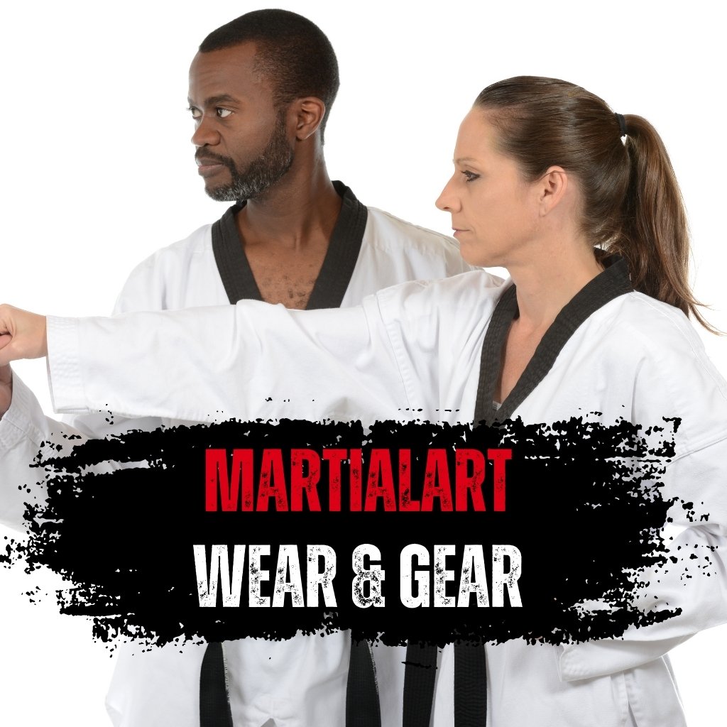 A male and female practitioner in traditional white Taekwondo gis with black collars, striking a defensive pose, manufactured by Zevron Sports.