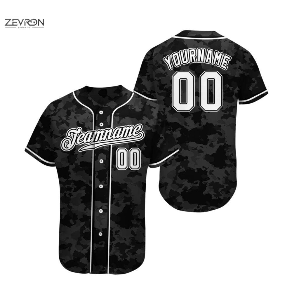 Camiseta de béisbol personalizada en color [Color] con diseño de camuflaje y dorsales.