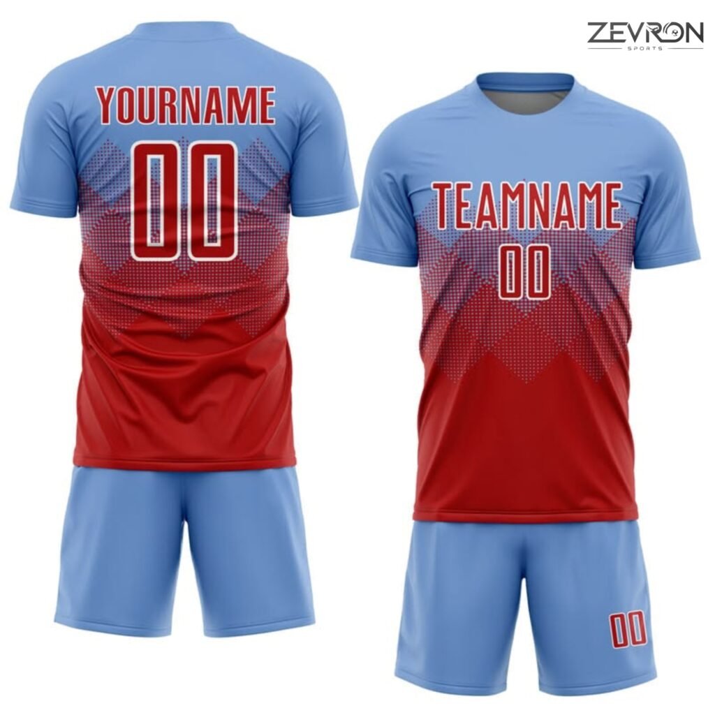 Custom light blue and red tennis jersey and shorts set with halftone diamond pattern by Zevron Sports.