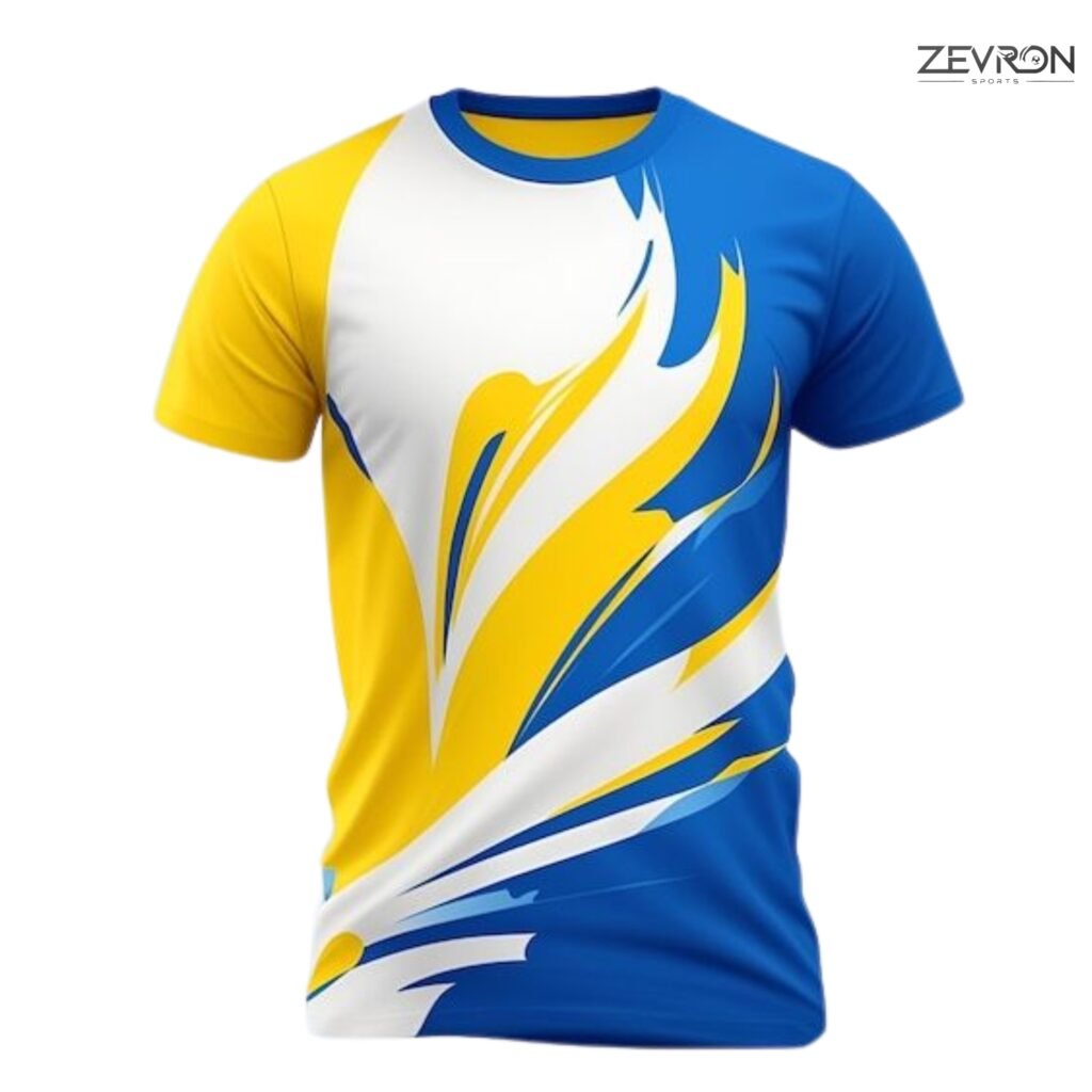 Modern absztrakt mintás kék-sárga technikai sportpóló a Zevron Sports-tól.