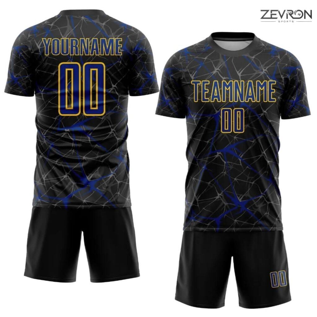 Custom black tennis uniform with blue lightning-style geometric pattern and gold outlines by Zevron Sports.
