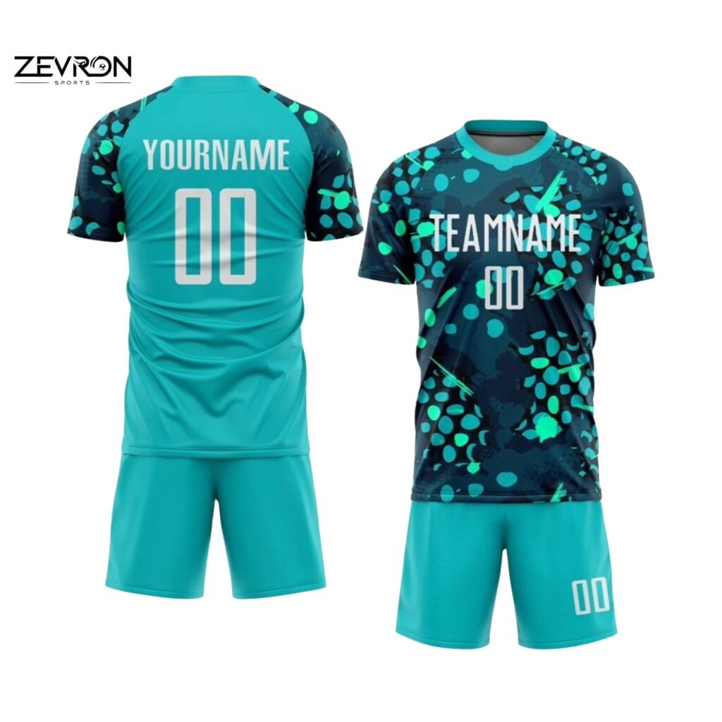 Professionelles Zevron Fußball-Trikot-Set in Rot und Schwarz mit dynamischem Wirbel-Muster.