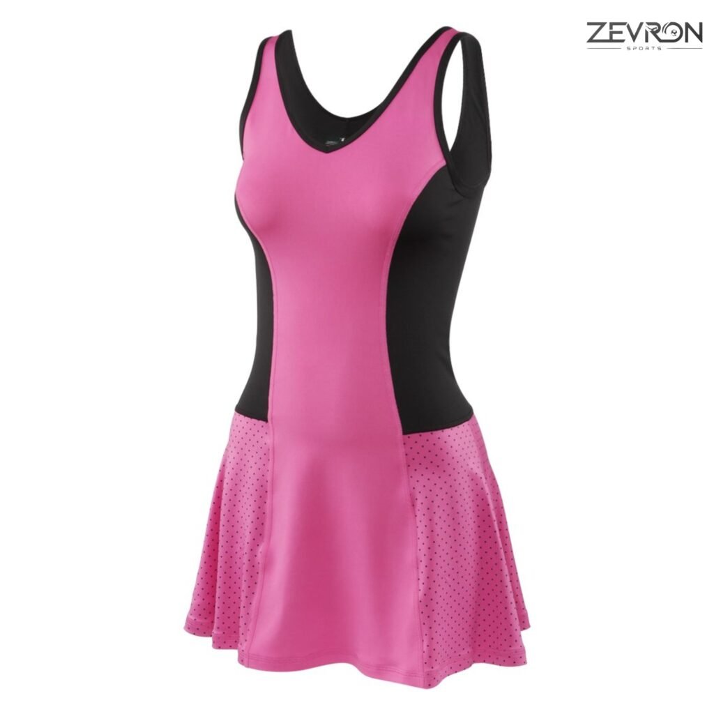 Women's pink and black athletic tennis dress with perforated skirt panels by Zevron Sports.
