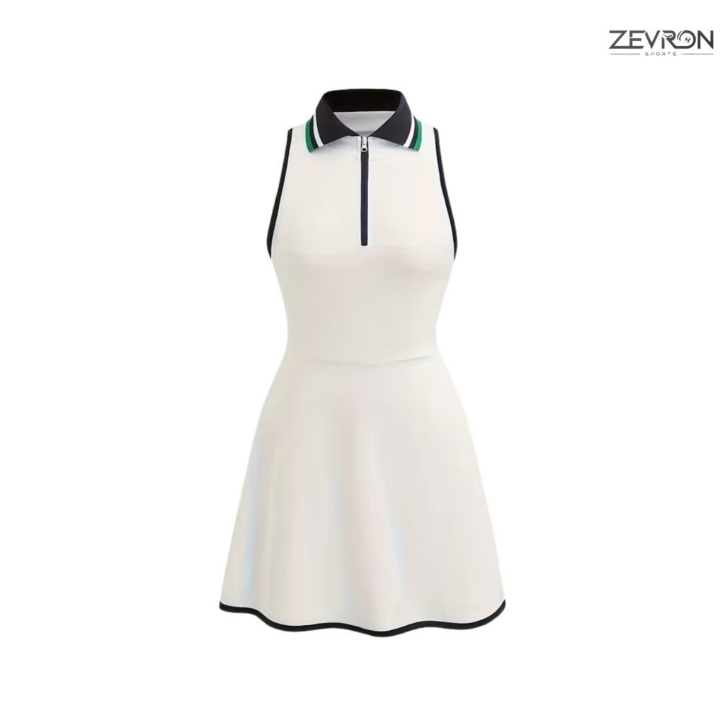 Zevron Sports fehér női teniszruha cipzáras gallérral és ujjatlan fazonnal.