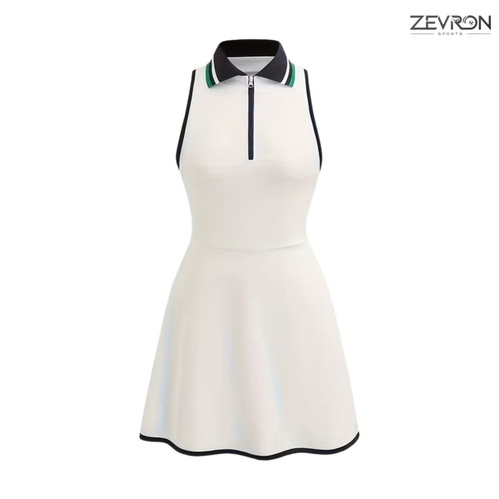 Women's sleeveless white tennis dress with quarter-zip front, navy collar, and green striped detailing by Zevron Sports.