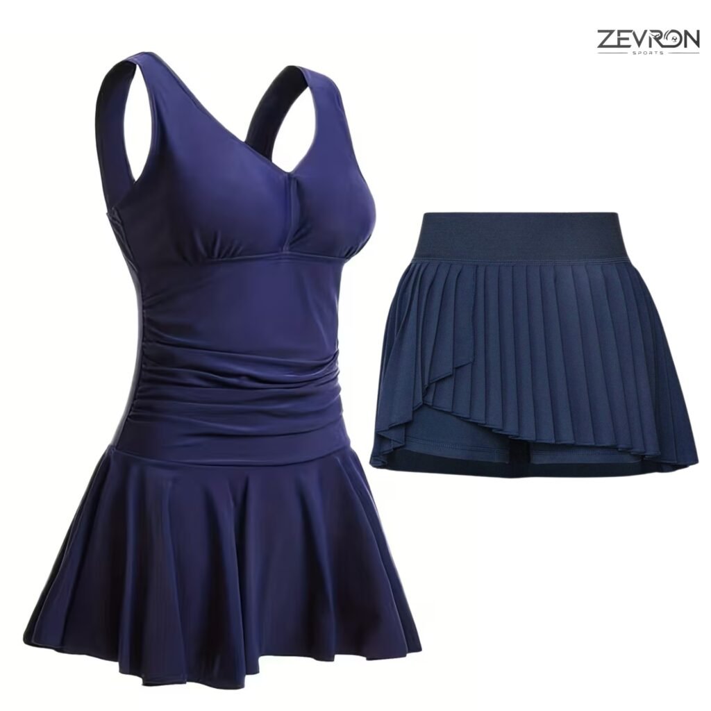 Elegáns sötétkék női sport szett rakott szoknyával a Zevron Sports-tól.