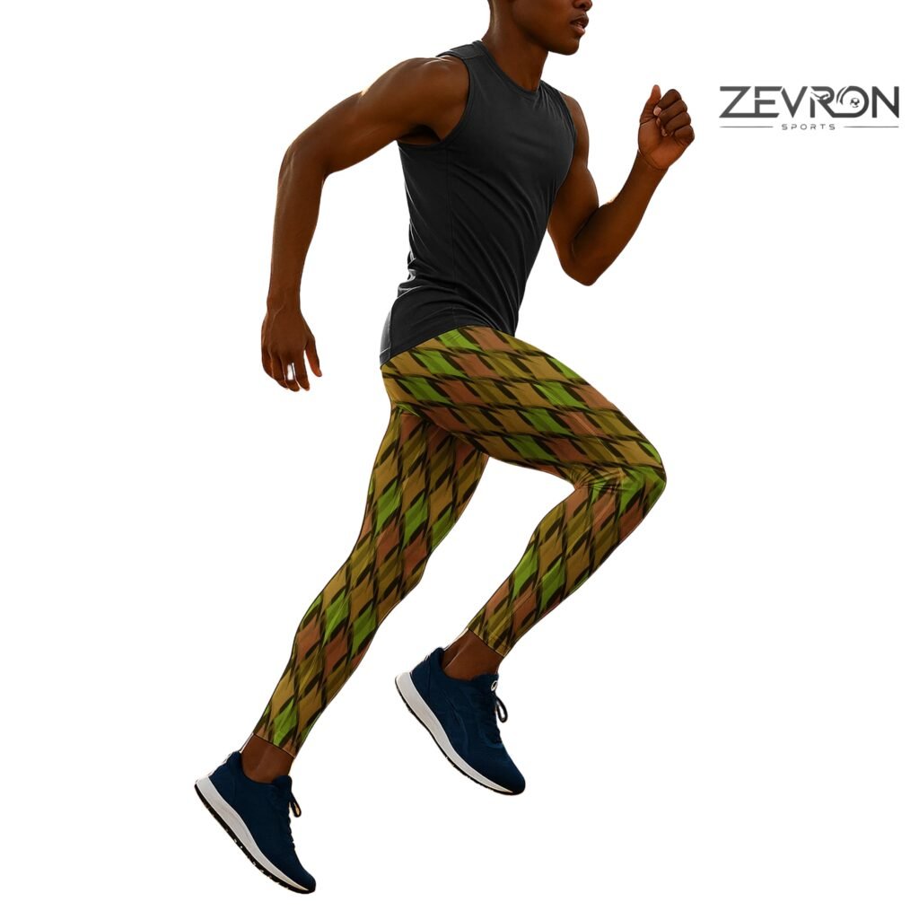 Runner in motion wearing a Zevron Sports black tank top and olive-toned geometric patterned compression leggings.