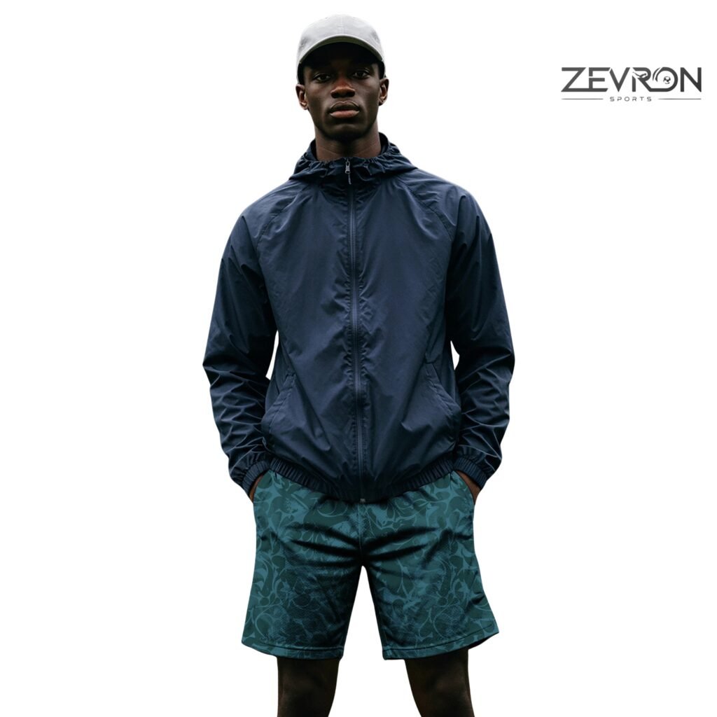 Athlete wearing a Zevron Sports navy blue hooded jacket and teal patterned athletic shorts.