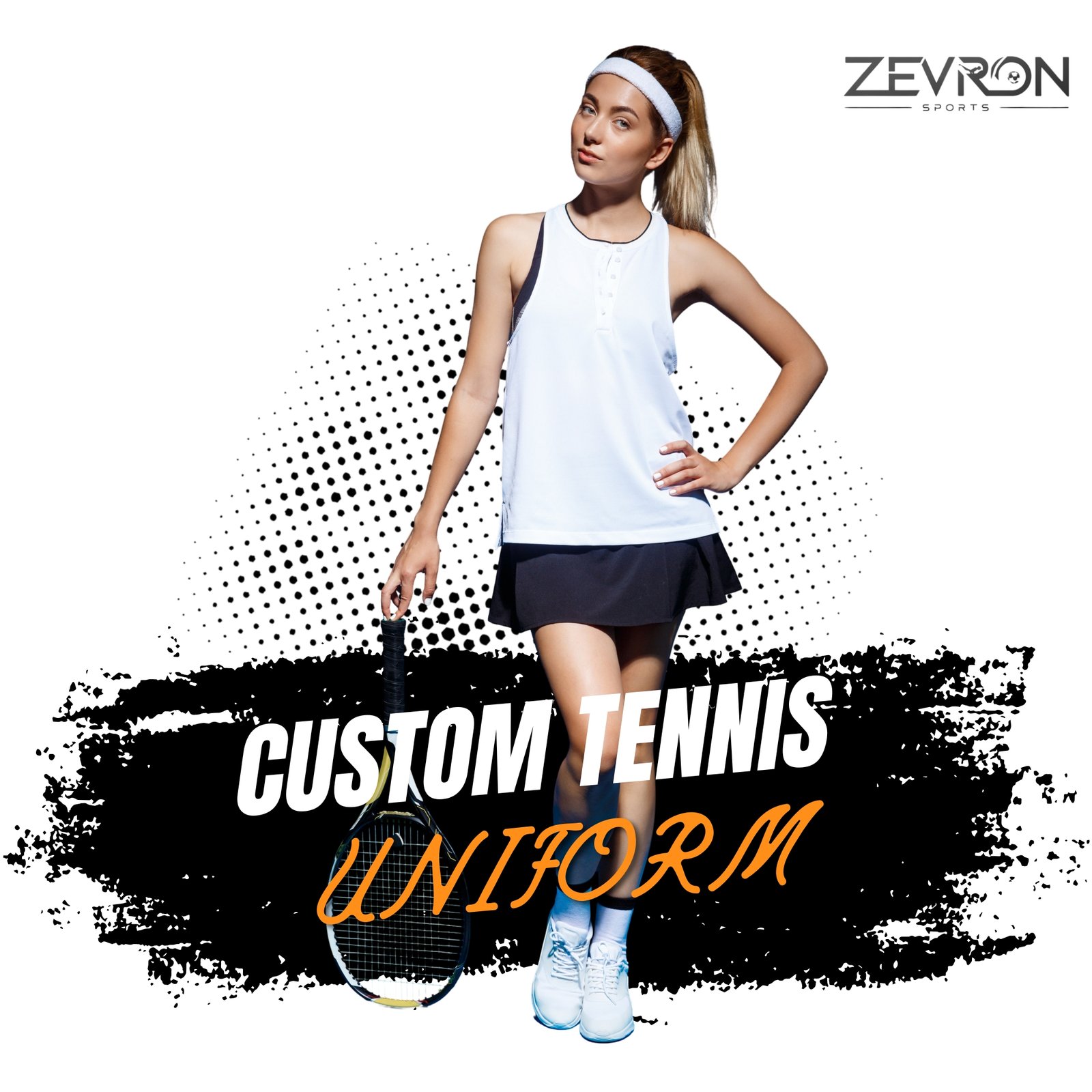 A woman posing in a Zevron Sports custom tennis uniform including a white tank top and black skirt, holding a tennis racket.
